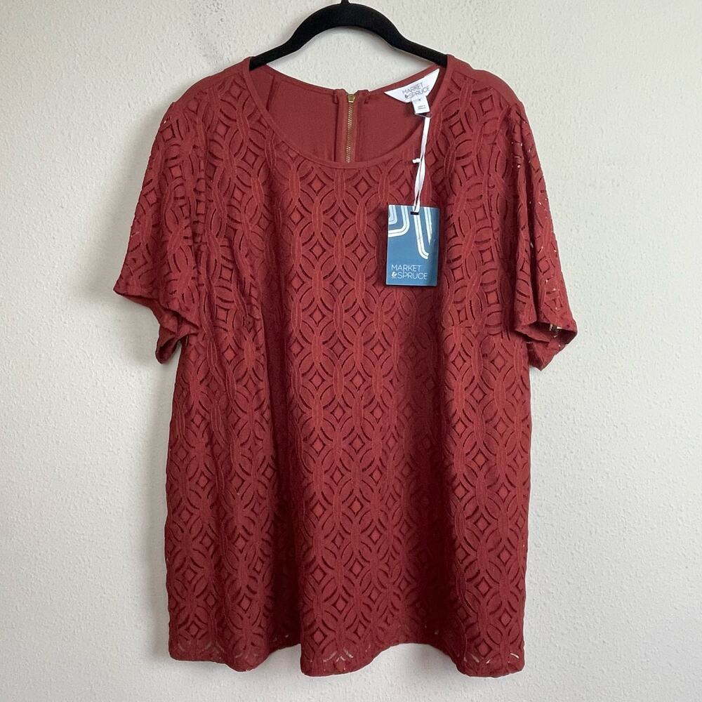 NWT Market & Spruce Top Size 2X – Red Rust Geometric Lace Layered Look